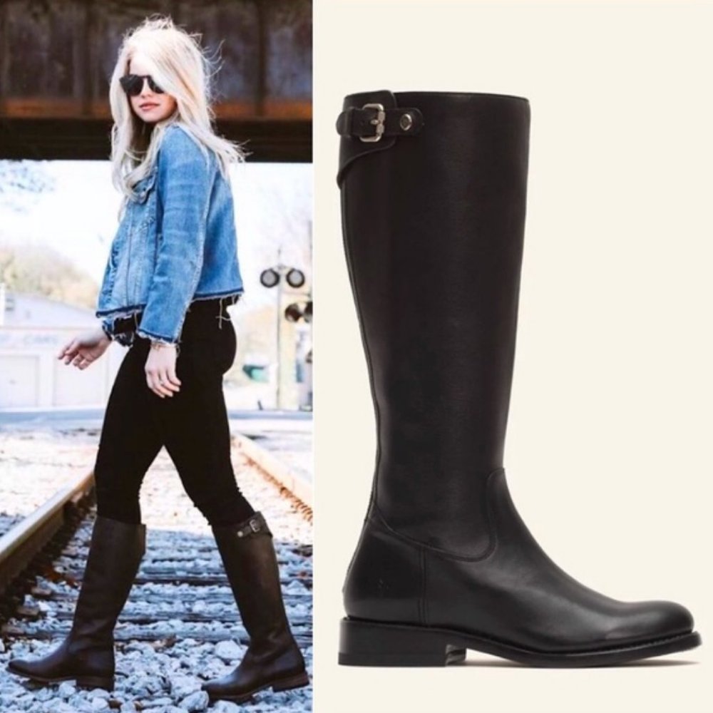 Frye Jayden Buckle BackZip Black Leather Tall Knee High Boots